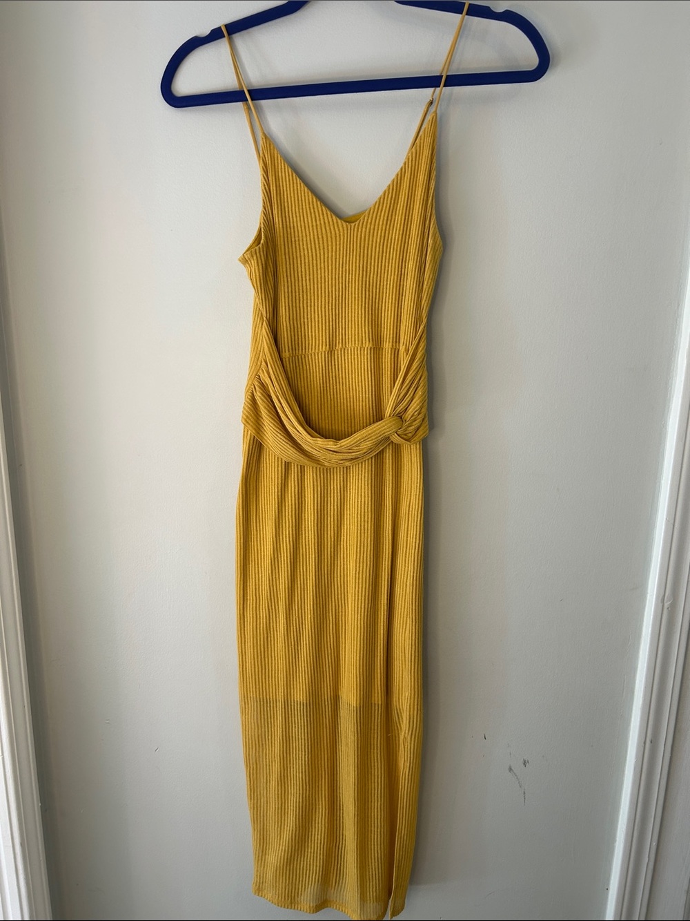 Express Mustard Yellow Ribbed Midi Dress with Knot Detail
